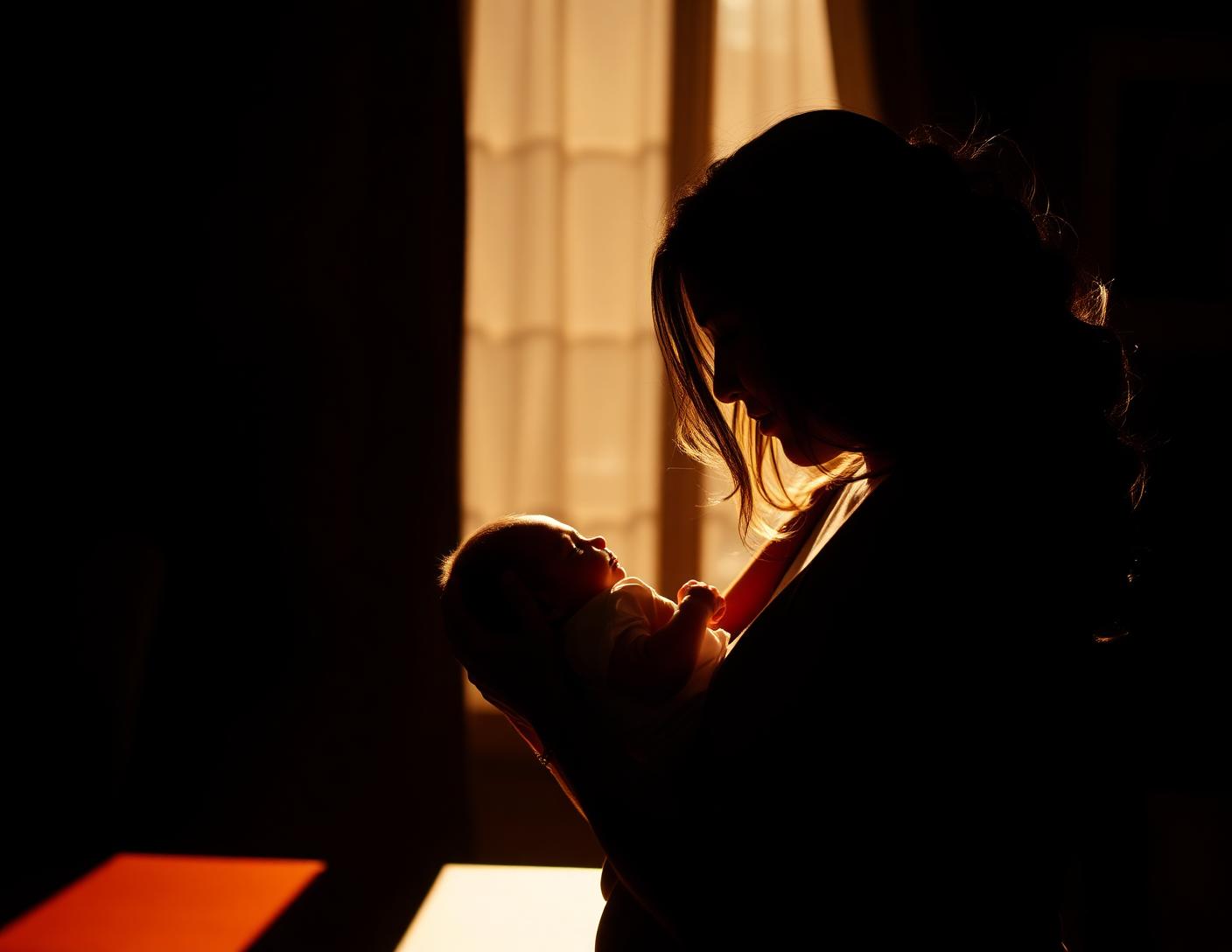 Mãe segurando seu bebê recém-nascido à luz dourada da janela